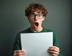 Young man with curly hair and glasses shows shocked face holding blank paper. His mouth is open in surprise reading unexpected news. Emotion overload.