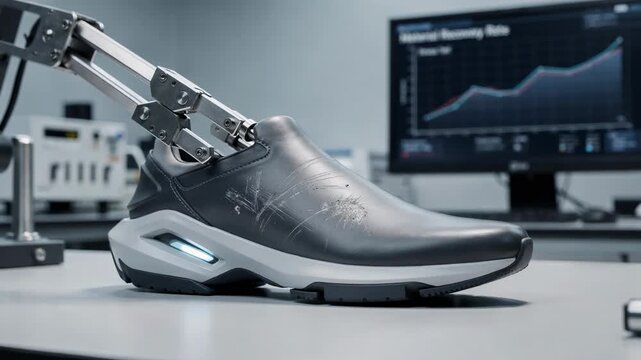 Medium shot of footwear crafted with selfrepairing leather coating being stressed to reveal minor scratch recovery in a dynamic testing environment.