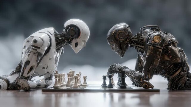 Two advanced humanoid robots intensely play chess on a wooden table, symbolizing artificial intelligence and strategic thinking. Futuristic technology meets classic board game