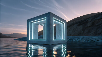 Minimalist glowing cube portal reflecting on water at sunset with soft light and futuristic design