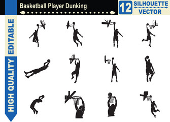 Silhouette set of 12 basketball players performing a slam dunk, representing professional sports, athleticism, scoring success, and jumping power.

