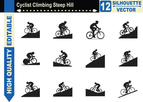Silhouette set of a cyclist climbing a steep hill, representing endurance, perseverance, physical challenge, and the uphill journey to success.