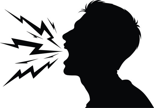 Silhouette profile of a man yelling loudly with sharp lightning bolt sound effects symbolizing powerful communication or anger
