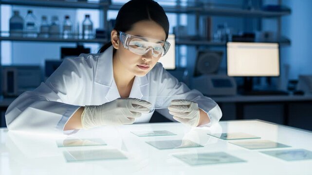 Analytical scientist reviews microscopic tissue slides carefully
