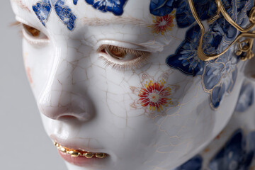 A porcelain figure with floral designs and gold accents.
