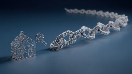 Minimalist 3D Silver Chains Forming a Digital Link With a House Key on a Dark Background Showcasing Modern Design and Technology