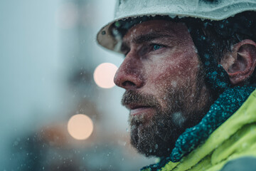 Man in hard hat with snow and rain.