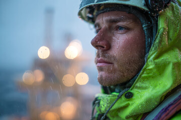 Man in rain gear gazing into the distance.