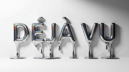Composition artistique en 3D du mot "D&Eacute;J&Agrave; VU" en m&eacute;tal liquide chrom&eacute; et iris&eacute; avec effets de fonte sur fond blanc.