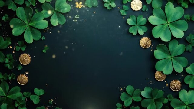 Rich green clover leaves and gold coins on dark background. Happy St. Patrick's Day