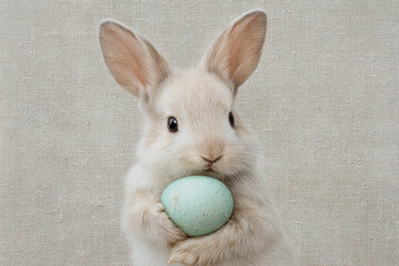 A cute rabbit holding a pastel egg.