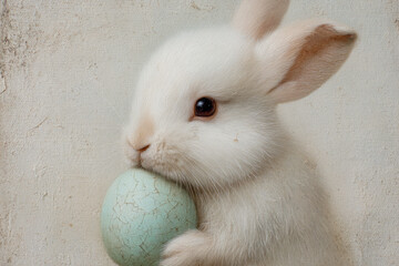 A cute white bunny holding a blue egg.