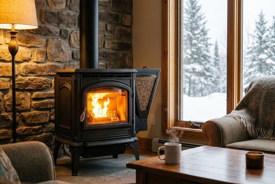 Biomass heating pellet stove with open hopper showing wood pellets inside