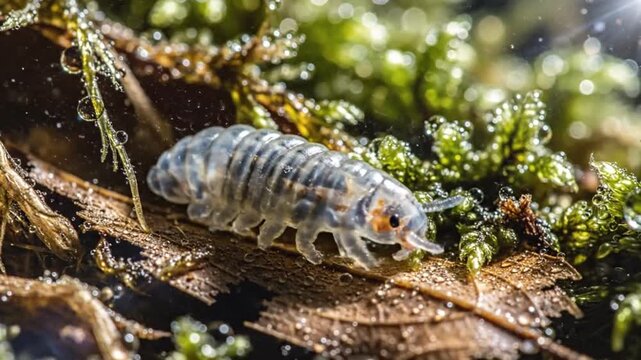 Macro shot of a transparent isopod on a leaf with moss and water droplets emphasizing nature's intricacies