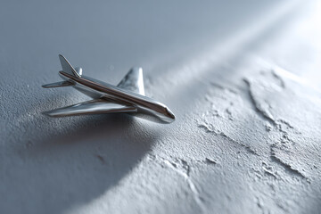 A silver airplane model on textured surface.