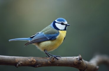 Obraz premium Small blue tit bird sits on wooden branch. Tiny avian creature with yellow breast and blue wings rests in green forest. Nature wildlife close-up.