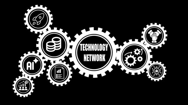 Interconnected white gears illustrating technology network concepts including AI rocket coins charts teamwork and innovation on a black background
