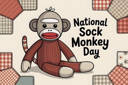 A cartoon sock monkey sitting on a colorful background