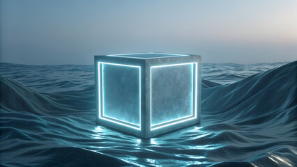 Glowing futuristic cube floating on ocean waves at sunset with neon blue light and reflections