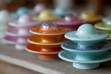 Colorful ceramic dishes stacked in various sizes.