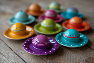 Colorful ceramic dishes arranged on a wooden surface.