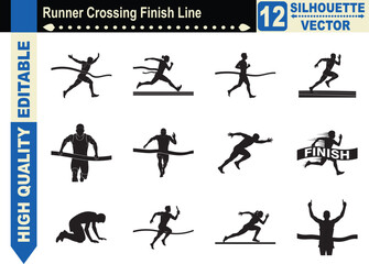 Silhouette collection of 12 runners crossing the finish line, representing victory, achievement, race completion, and professional sports success.