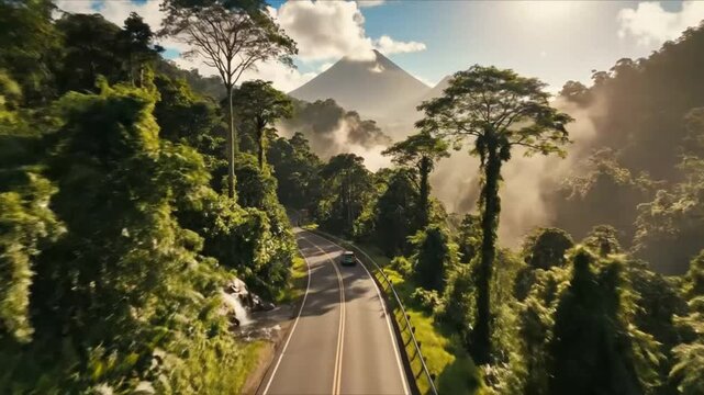 Scenic aerial view of a winding road through lush Costa Rican rainforest towards a distant volcano.