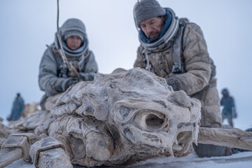 Two figures examining a large, frozen creature.