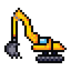 Fototapeta premium Escavator heavy machine pixel art colorful illustration isolated on square white background.
