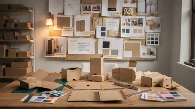 Cozy medium shot of a design studio layout area focused on structural packaging highlighting prototype samples and creative mood boards pinned on a sample wall.