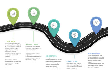 Curved road infographic template with five location pins and icons © PixMarket
