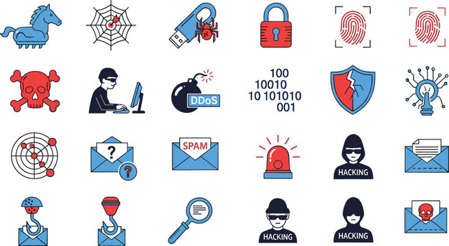 Cybersecurity and hacking flat icon set featuring trojan horse, hacker, ddos attack, phishing email, fingerprint scan, data breach, and web security elements for internet safety.