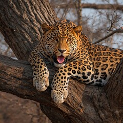 A magnificent African leopard, with a piercing gaze and distinct spotted fur, rests on a tree branch, embodying the wild beauty and formidable power of a savanna predator