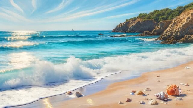 A sun-kissed beach scene depicts foamy waves crashing, shells on shore, cliffs & blue sky