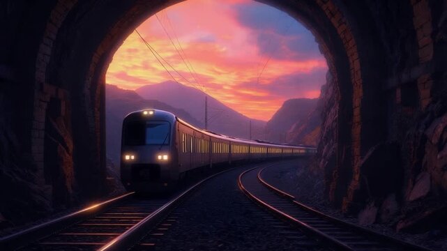 A train emerges from a tunnel, illuminated by a sunset sky, curving towards distant mountains
