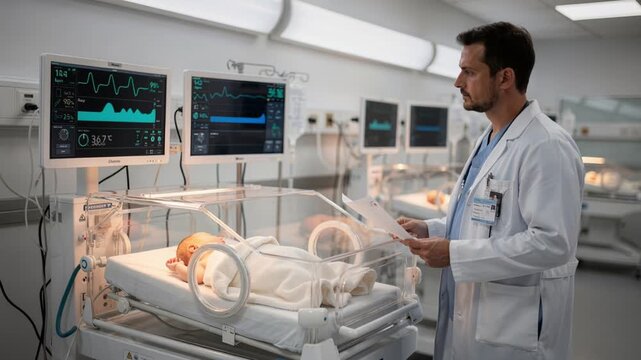 neonatal specialist reviewing vital charts beside incubator