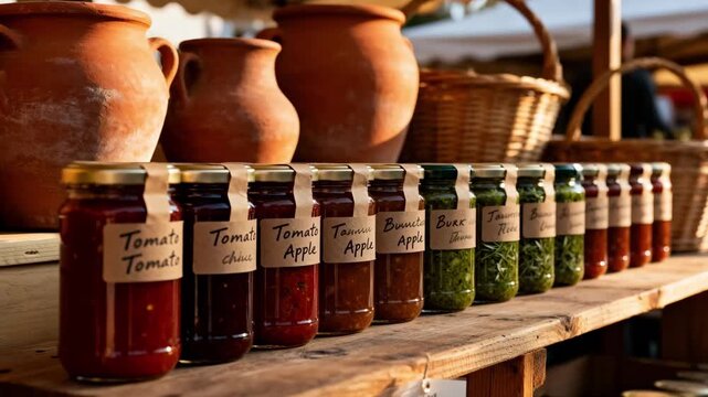 Close medium view of artisanal chutneys displayed in uniform rows at an outdoor market emphasizing rustic labels and diverse flavor profiles.