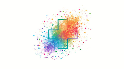 A vibrant cross symbol outlined in cyan, filled with a colorful watercolor splatter effect