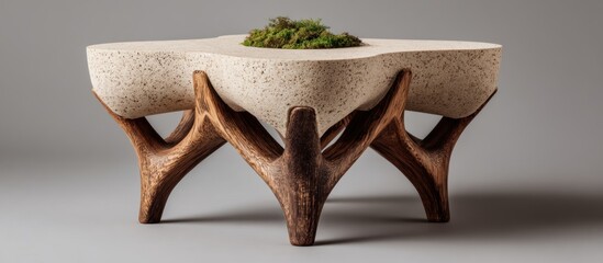 An organic-shaped coffee table with wood legs and a plant feature