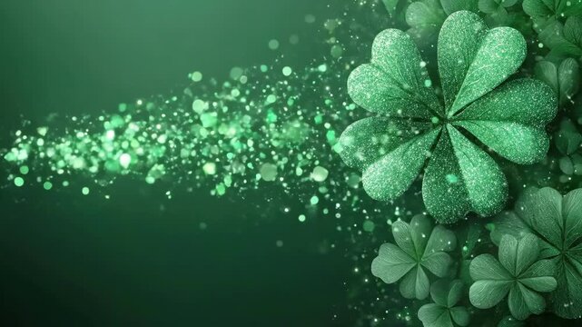 Festive green clover leaves with sparkling effect on a gradient background. Happy St. Patrick's Day