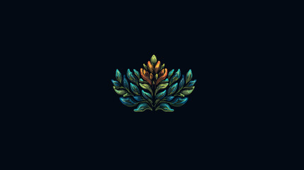 Obraz premium A symmetrical floral illustration with vibrant greens, blues, oranges, and yellows on a dark background