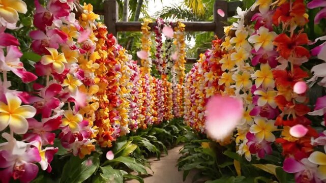 Cinematic tracking shot through a tropical garden path lined with vibrant Hawaiian flower leis and falling pink petals