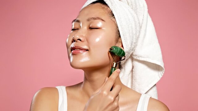 Young Asian woman with a towel on her head uses a green jade roller for facial massage. She has glowing skin and a relaxed expression on a pink background. Perfect for beauty and wellness content.