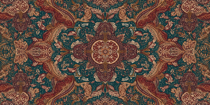 Traditional Thai style fabric featuring an ancient floral pattern and oriental textile ornament on a vintage decorative carpet texture with an antique craft design