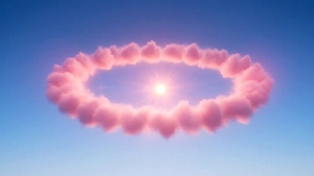 A captivating scene of fluffy pink clouds surrounding bright sunlight against a clear blue sky.