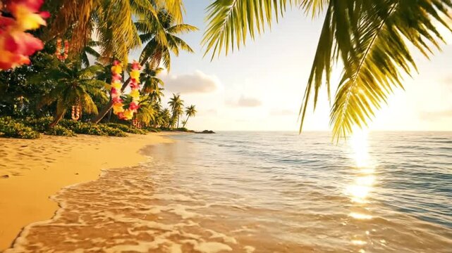 Cinematic tracking shot of a tropical paradise beach at sunset with flower leis hanging from palm trees