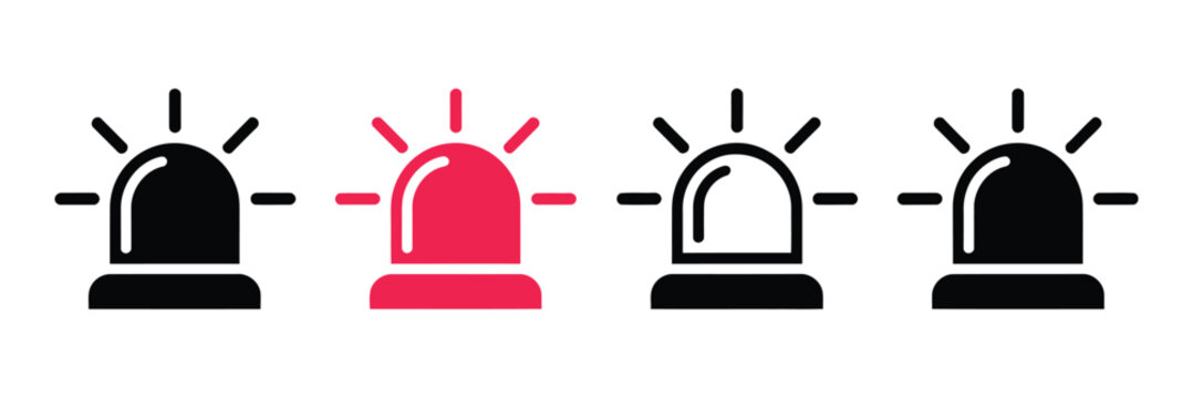 Medical emergency siren icon set, black and red filled and outline versions, urgent alert and emergency system vector symbols for healthcare