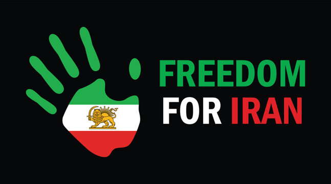 Freedom for Iran text with Iran flag handprint icon on a black background. Unofficial iranian flag palm of hand vector illustration. Template for background, banner, card, poster