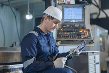 Plakat Professional Engineer male worker work control operate CNC machine in heavy industry metal factory