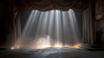 Illuminated stage with billowing smoke and bright light rays shining through draped curtains, creating a dramatic and ethereal atmosphere.